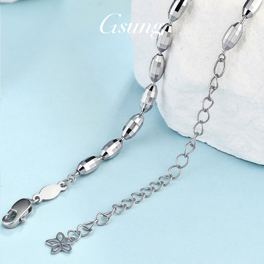 GsunG platinum oval laser bead necklace for women PT950 pure white gold bead flower chain simple gift for wife. Priced by gram. Contact before bidding.