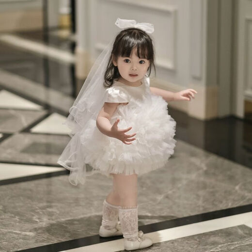 White girl's first birthday wedding dress, flower girl wedding dress, female princess dress, short-sleeved dress, tutu skirt, white short-sleeved dress, veil 80 80cm