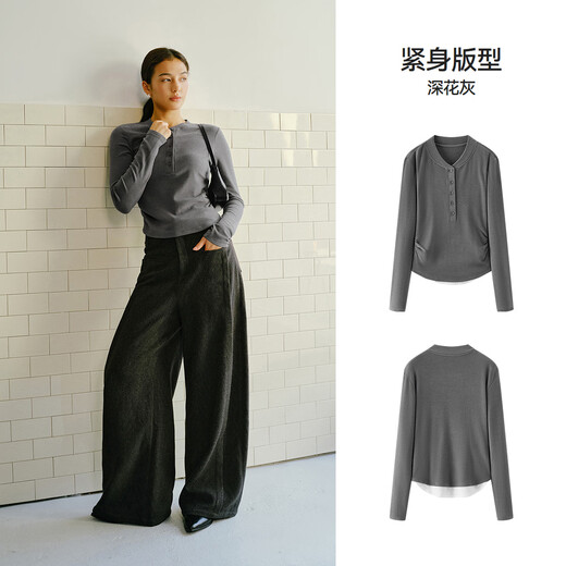 Semir long-sleeved T-shirt women's short heated fleece fake two-piece 2025 winter Henry collar tight clothes 109725101003