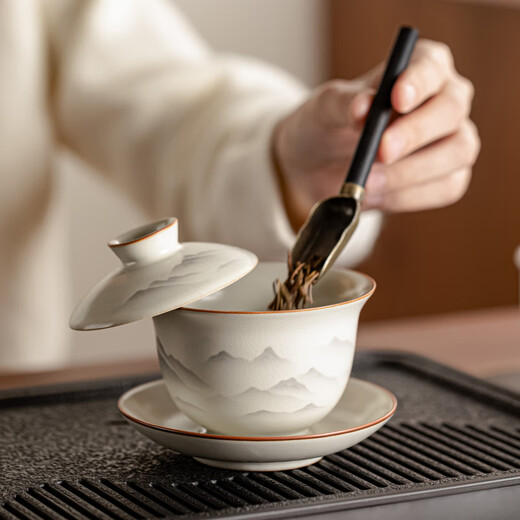 Porcelain Friends Mingshui Mo Guanshan Ru Kiln Tea Set Complete Kung Fu Tea Set Business Holiday Souvenir Gift for Elders Housewarming Gift