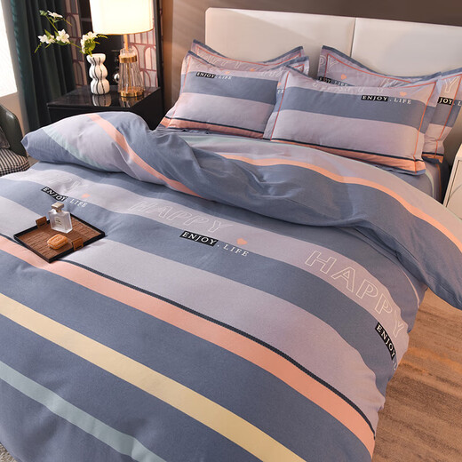 High-end thickened cotton brushed four-piece set of pure cotton bed sheets and quilt covers, autumn and winter naked sleeping grade bedding, no pilling and no shedding. Petty Bourgeoisie Life - Blue Thickened cotton 1.8m bed sheet style four-piece set - quilt cover 200*230cm