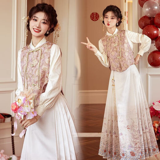 2025 new autumn three-piece engagement toast dress set plus size fat mm new Chinese style vest shirt horse skirt set vest + shirt + necklace + horse skirt four-piece set high quality M recommended 95-105 Jin Jin equals 0.5 kg