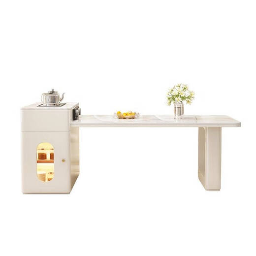 Pupan cream style slate island dining table tea table integrated retractable home small apartment light luxury modern restaurant dining table 1.4+0.4 meters fixed socket white + glossy snow mountain white island dining table flat style