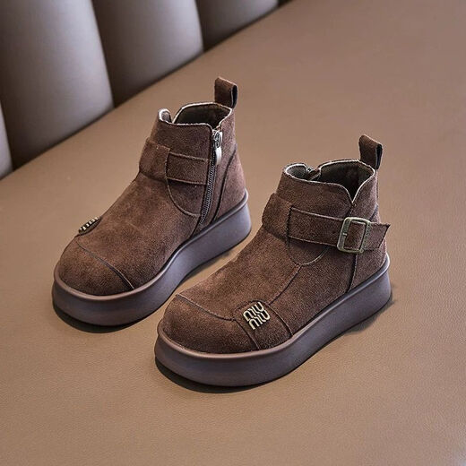Children's velvet boots and short boots 2025 new autumn and winter girls' middle and older children's Martin trendy British Birkenstock cotton shoes coffee color* flagship version factory craftsmanship 34 yards inner length 20.7CM