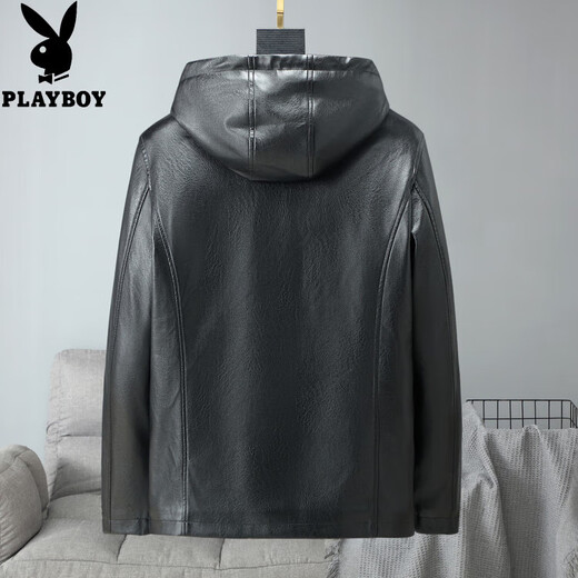 Playboy 2025 Autumn and Winter New Haining Spring and Autumn Leather Jacket Men's Hooded Leather Jacket for Young and Middle-aged Men's Velvet Thickened Jacket Black Velvet M 52