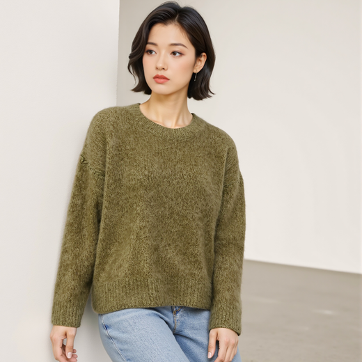 Haimuzi 100% Wool Brushed Round Neck Long Sleeve Pullover Sweater 2025 Autumn and Winter New Style Knitted Sweater Versatile Green One Size 160-165(45-55)