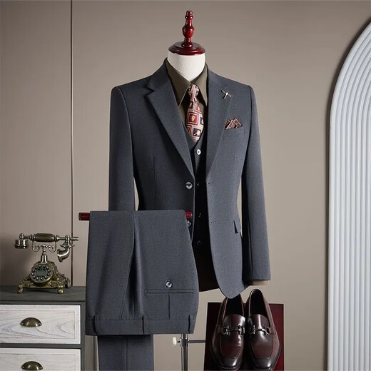 FZPT light luxury trendy brand suit suit for men 2025 autumn and winter new high-end business fashion slim two-piece single-breasted suit medium gray suit + trousers 3XL recommended 150-165Jin Jin equals 0.5 kg
