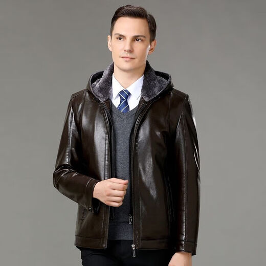 FEEKEKE international first-line luxury brand leather jacket men's sheepskin detachable hood lapel middle-aged thickened warm leather black one size fits all 175/92A