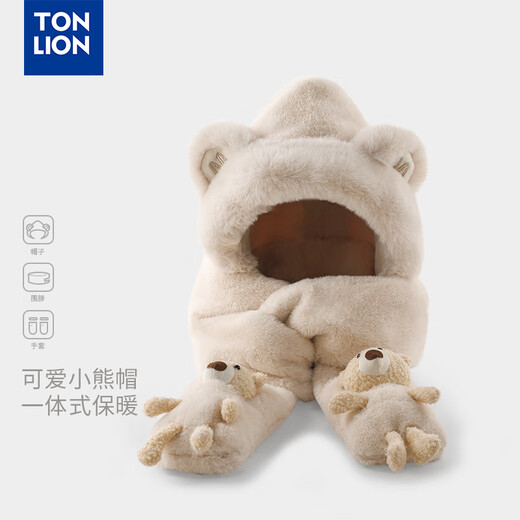 TonLion cute bear hat women's winter warm ear protection plush hat gloves hooded neck scarf one-piece three-piece set champagne color