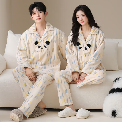 LangSha coral velvet couple pajamas for men and women in autumn and winter plus velvet thickened warm flannel cute cartoon home clothes cartoon bear women's L