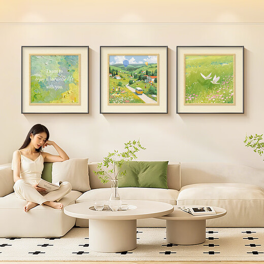 Mucho tiempo sin verte, pintura de decoración de sala de estar estilo crema, pintura colgante de pared de fondo de sofá pastoral fresco, mural retro verde de nicho