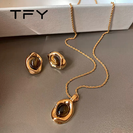 TFY Maillard tiger eye stone necklace for women 2025 new autumn and winter stacking accessories, exquisite sweater chain with coat in winter, pendant necklace + earrings