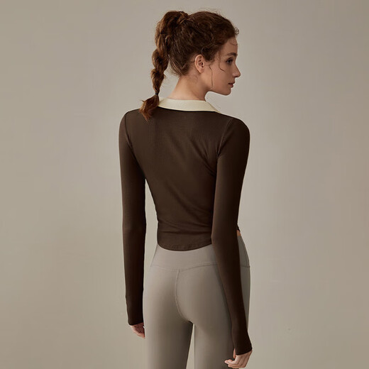 Elegant Yoga Wear Women's Autumn and Winter Sports Top Long Sleeve Running Fitness Pilates Training Set Coconut Brown L
