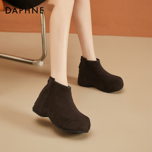 Daphne short boots for women thick-soled low-heeled inner heightening solid color plus velvet comfortable round toe back zipper ankle boots for women brown 37