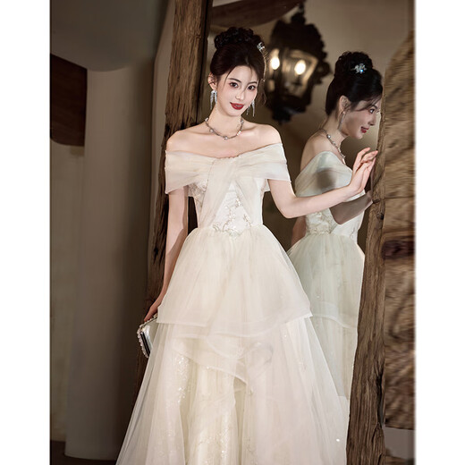 ACJK high-end evening dress 2025 new one-shoulder light luxury niche host beautiful adult ceremony art test champagne color 2XL