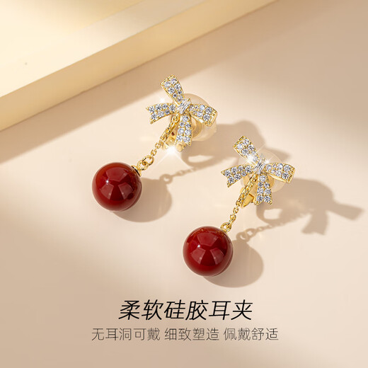 Qlady bow red ear clip without pierced ears for women 202 new autumn and winter tassel earrings high-end earrings bridal earrings