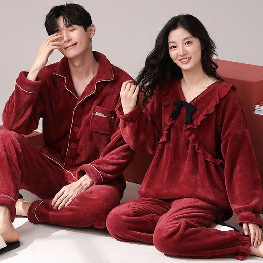 Victoria style wedding couple pajamas winter coral velvet warm red zodiac year newlywed men and women home wear outer suit CY9950 M female + male L