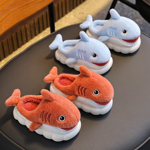 Winter children's cotton slippers, boy's shark bag heel, warm and furry, cute girl's home baby anti-slip cotton slippers, sky blue (heel included) 12, size 32/33 (shoe inner length 19CM, suitable for feet 18