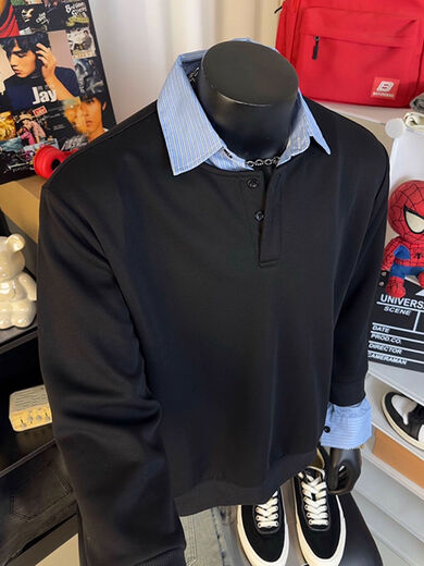 Jingyan selects American retro shirts spliced with fake two-piece long-sleeved T-shirts for men, autumn Henry collar, versatile shoulder guard, black upgraded version 95 user choice M M