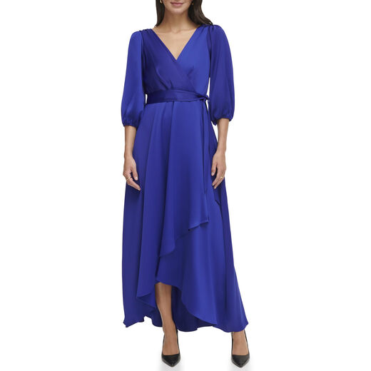 DKNY Women's Balloon Sleeve Satin Faux Wrap Maxi Dress, Berry Blue