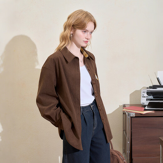 Westlink Westlink retro corduroy shirt for women winter new plaid corner pocket design loose and slim jacket brown M