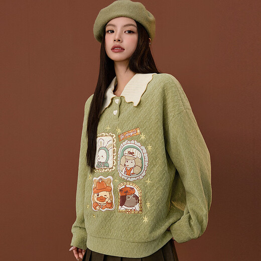 B.Duck小黄鸭加绒卫衣女2025冬季新款撞色针织翻领数码印宽松外套 果绿 XS