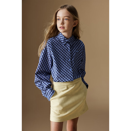 ELLE KIDS casual style girls spring and autumn classic versatile miu style college style pattern long-sleeved embroidered plaid shirt