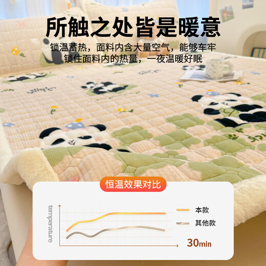 Red bean thickened and velvet milk velvet mattress soft cushion tatami floor mat mattress coral velvet sheet children's bed cover bed blanket Green Check Panda thickened velvet 180x200cm three-piece set mattress + pillowcase *2
