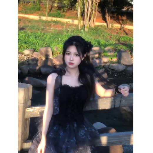 Black Apricot Tree Lolita Evening Dress lolita Graduation Fairy Host Art Examination Student Day Adult Ceremony Princess Dress Black Complete Set (Free Corsage + Ribbon) M