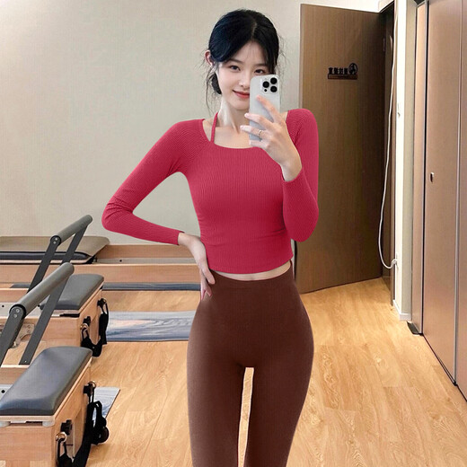 Shuangxiu high-looking yoga clothes autumn and winter tops for women with chest pads, beautiful Pilates training clothes, sports fitness long-sleeved suits, raspberry red tops XL 120-135