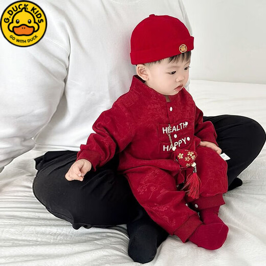 G.duck little yellow duck baby jumpsuit, baby's festive New Year plus velvet style baby one-month-old 100-day-one-year-old dress, red perm HAPPY plus velvet onesie 73cm (XS) 3-8 months baby