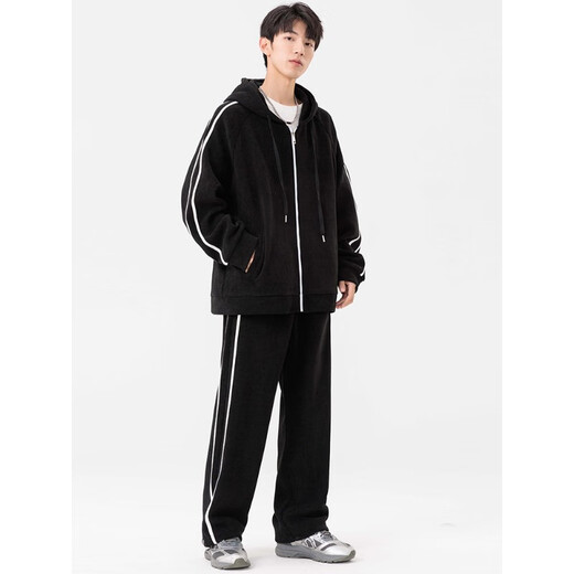 Kaduton Men's Spring and Autumn Large Size Hooded Cardigan Casual Sports Suit Plus Fat Oversized Long Sleeve Jacket and Pants Two-piece Set Men Black XL