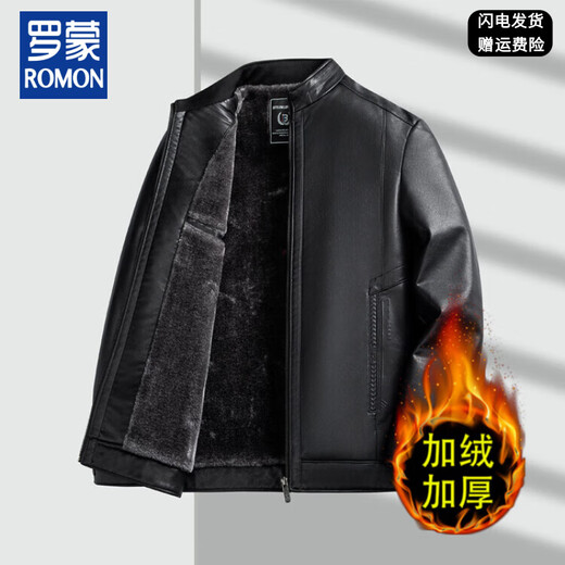 Father Romon winter coat middle-aged men's fur one-piece lapel leather jacket for middle-aged and elderly men velvet thickened leather jacket black 2XL 185