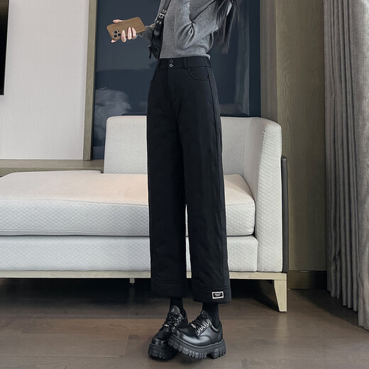 KOVLLIAEN Down Pants Women's Winter Fashion Straight Thickened Warm Plush Pants High Waist Coldproof Nine-Point Cotton Pants for Small People Black XL