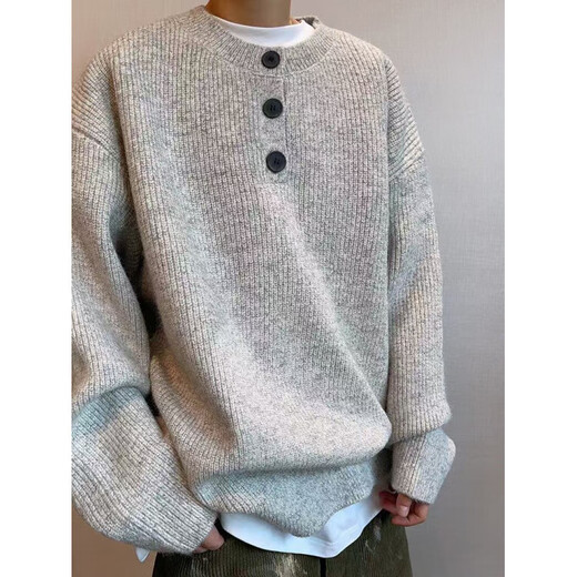 Autumn and winter tops Korean simple Henry collar sweater men's trendy brand INS pullover bottoming sweater light gray 3XL