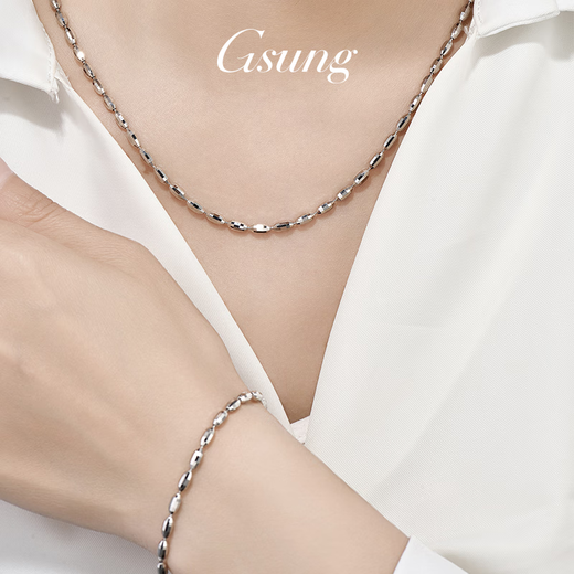 GsunG platinum oval laser bead necklace for women PT950 pure white gold bead flower chain simple gift for wife. Priced by gram. Contact before bidding.