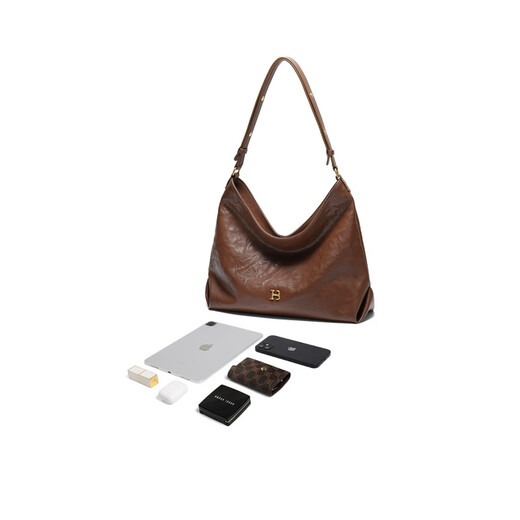 Belle Bag Women's 25 New Shopping Mall Same Style Hand Grasping Wrinkle Texture HOBO Shoulder Crossbody Tote Bag 2067ACX5 Brown F