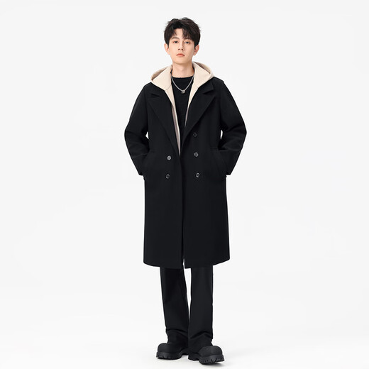 Mufan cotton autumn and winter thickened warm fake two-piece woolen coat men's casual large size loose long knee-length hooded windbreaker jacket black hat thickened XL suitable for 150 to 170 Jin Jin equals 0.5 kg