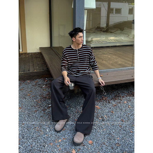 LIIS Lyocell Linen Autumn Relaxed Striped Sweater Men's Loose Casual Henley Collar Long Sleeve Brown S90-120Jin Jin equals 0.5kg One size fits all