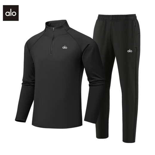 ALO YOGA autumn and winter sports and leisure suit stand-up collar sweatshirt trousers elastic fitness breathable men's warm two-piece suit black top + black pants suit (ALO-251011) M (95-115Jin Jin equals 0.5 kg)