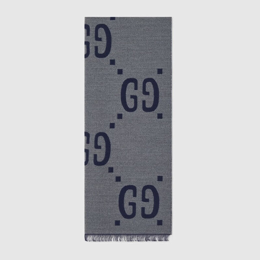 Gucci (GUCCI) scarf double G pattern jacquard wool dark and light color double-sided scarf couple model 190x35cm New Year gift light gray/dark blue 495592 4G350 4063