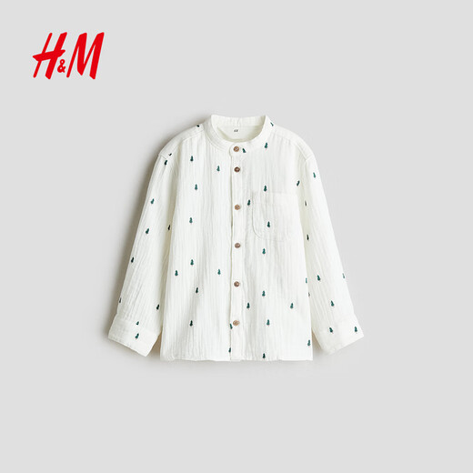 H&M Children's Clothing Children's Boys' Shirts 2026 Spring New Cotton Muslin Chinese Collar Collarless Shirt 1254677 White/Fir Tree 150 150/76 (11-12Y)