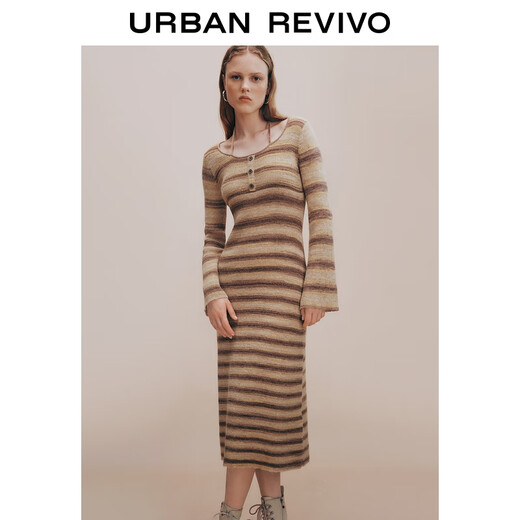 UR[HOT]2025 autumn new women's casual striped waist-hugging knitted dress UYL950131 khaki stripes (fabric slightly tied) M