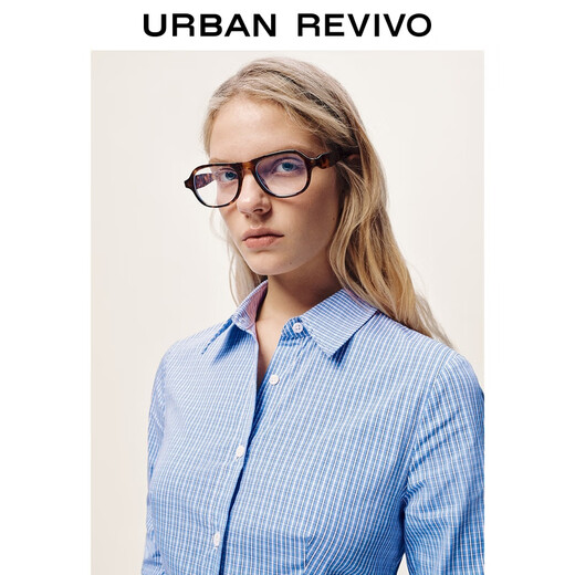 UR2026 Spring New Women's Casual Contrast Color Plaid Lapel Pleated Cardigan Shirt UYL250159 Blue Plaid S