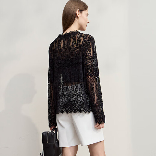 AMII Französisches Spitzenhemd 25, Herbst, französisches Retro-Spitzen-Jacquard-Hemd, Damen, Frühling und Herbst, Langarm, hochwertig, Schwarz, 160/84A/M, Einheitsgröße