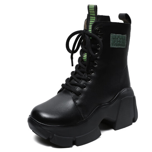 QIPUSEN brand snow boots for women, plus velvet and thickened northeastern cotton shoes for women, 2025 winter new genuine leather wool Martin boots for women, black 37