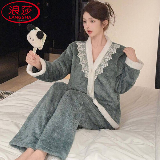 LangSha Sexy Pure Desire Winter Thickened Plush Pajamas Women's Suspender Long Sleeve Three-piece Lace Princess Suit Home Clothes Gray - Three-piece Suspender Set Plush 10XL - Hair Velcro