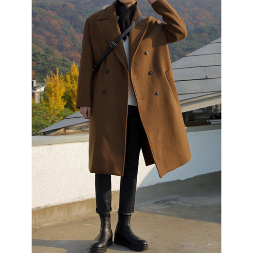 Autumn and winter men's woolen coat cotton thickened mid-length Korean style double-breasted windbreaker men's woolen coat men's cotton black 2XL