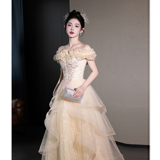 ACJK One Shoulder Evening Dress 2025 New High-end Light Luxury Niche Host Feeling Beautiful Adult Ceremony Art Test Champagne Color 2XL