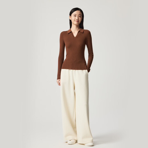 SNOW LOTUS bottoming shirt for women autumn and winter new style solid color V-neck pullover sweater for women simple versatile slim long-sleeved knitted chocolate color U530 L 110